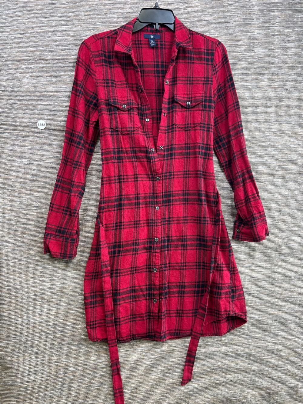GAP Plaid Shirt Dress Womens Size XS Red Black Snap Button Long Sleeve Tie-Front